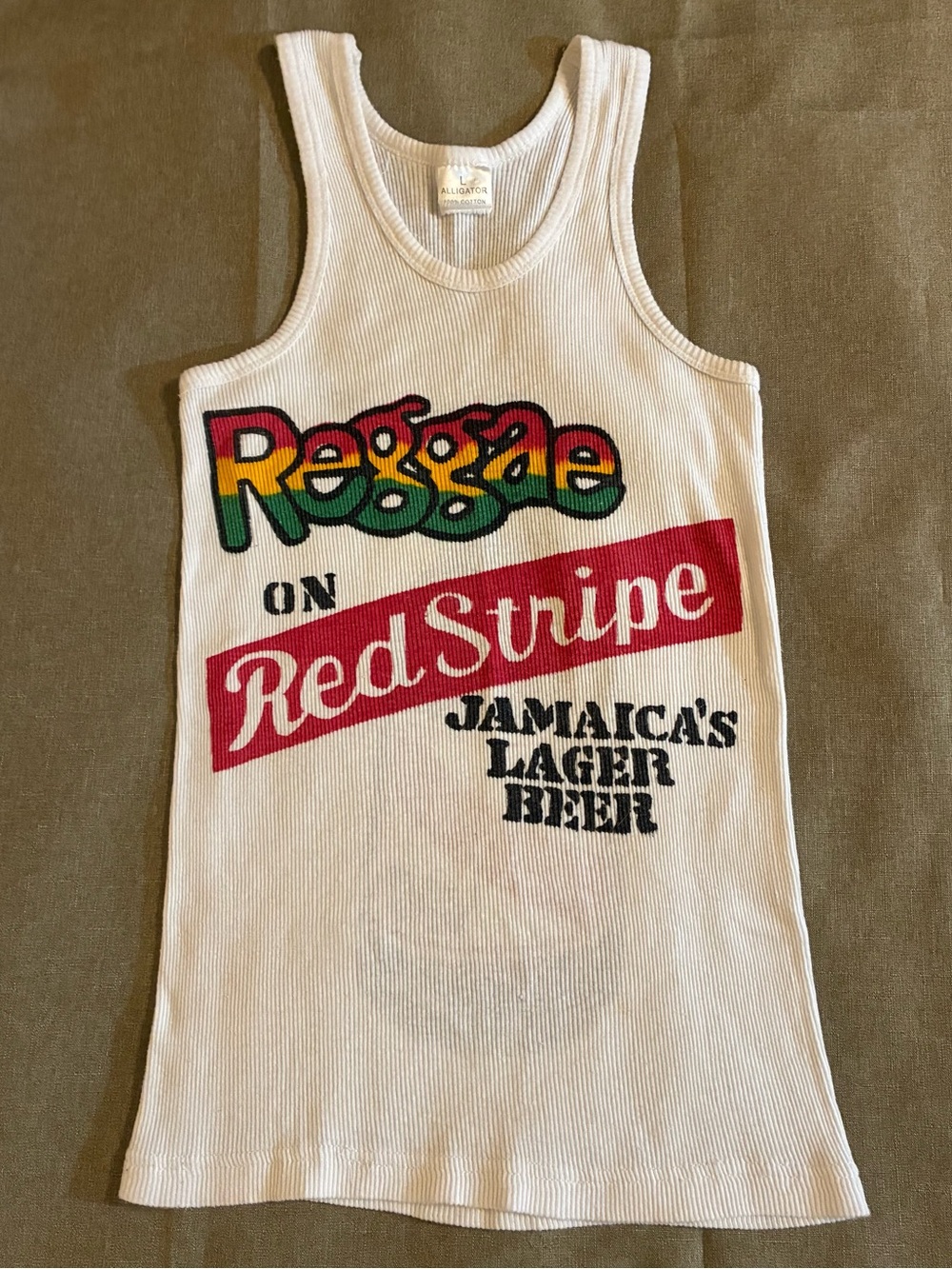 Vintage Red Stripe “Reggae on Red Stripe” White Ribbed Tank Top Jamaican Beer L